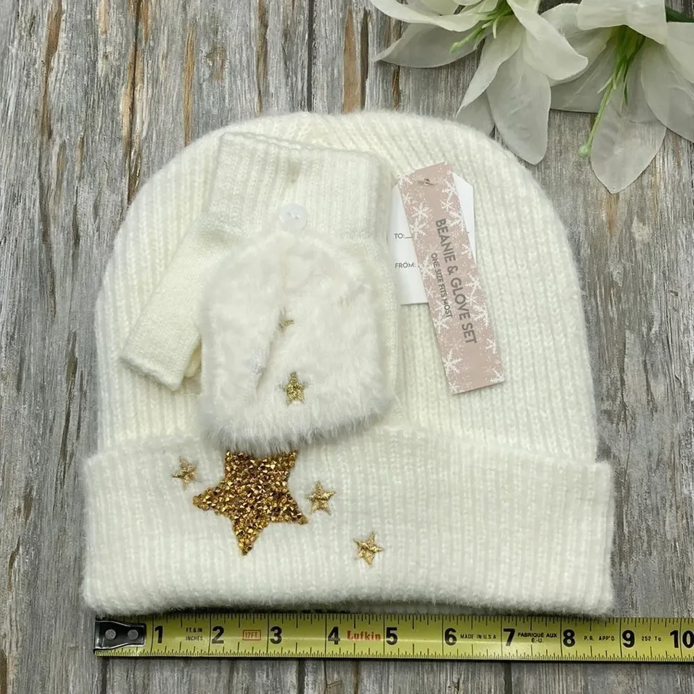 Girls Starry Night Winter Cozy Faux Fur Hat & Gloves 2-Piece Set
